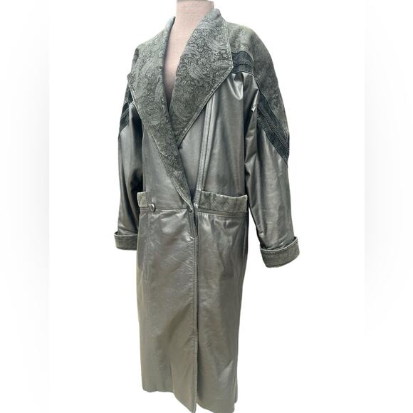Vtg Leather Double Breasted Brocade Trim Drop Waist Oversized Midi Coat Women SP - Picture 2 of 10